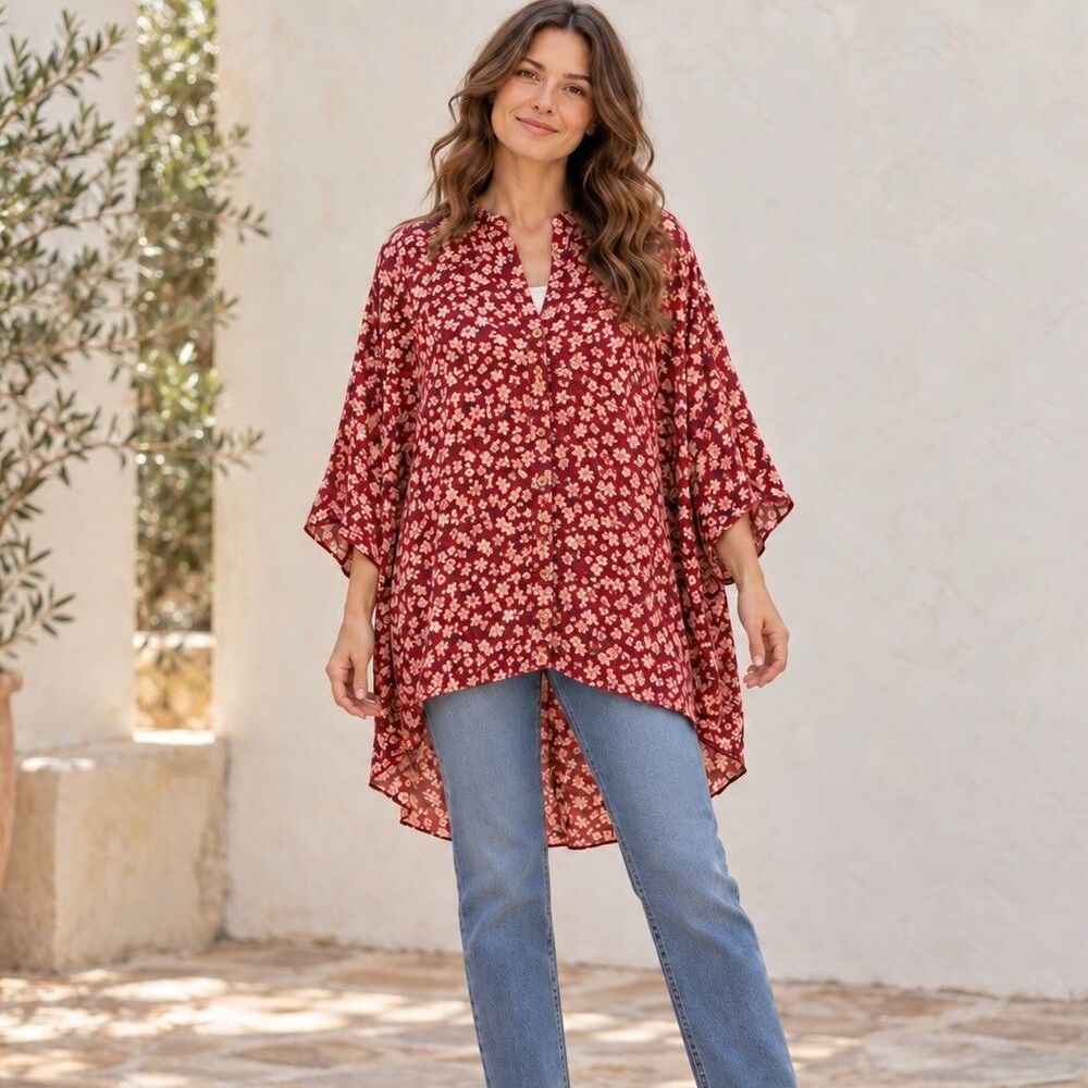 Natural Life One Size Red Floral Oversized Tunic Top Boho Hippie Button Front